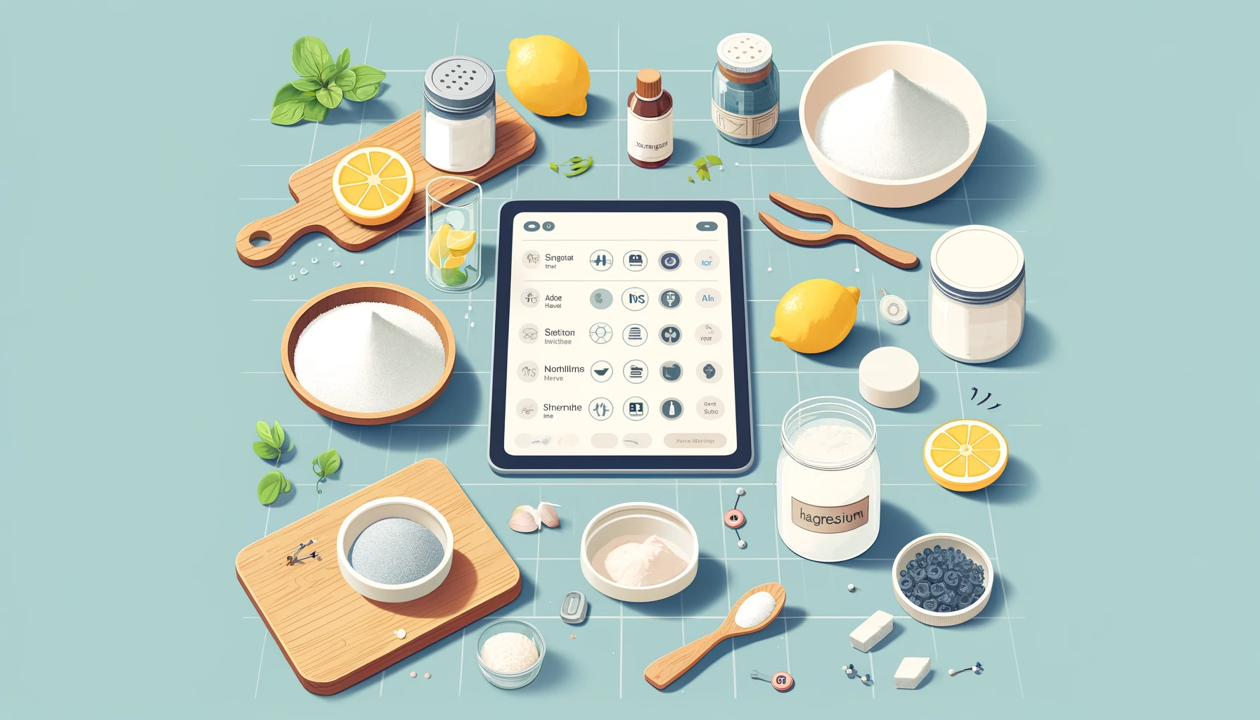 DALL·E 2024-04-02 22.15.19 – A stylized, overhead view of a kitchen counter with natural ingredients scattered around like salt, lemon, and magnesium, a digital tablet displaying