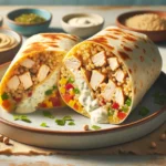 he burrito is cut in half to show off the colorful, appetizing filling within, all set against a neutral, bright background that highlights the dish.